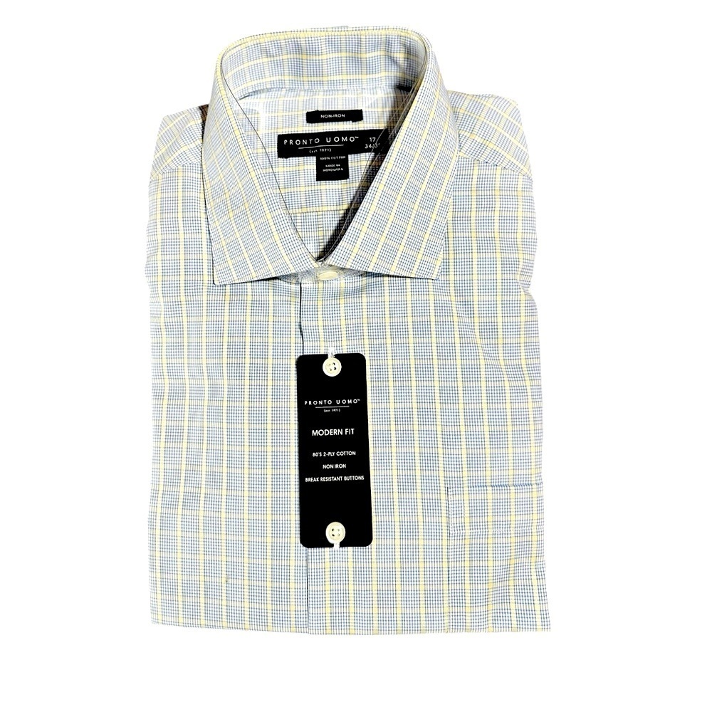 Pronto Uomo Men’s Dress Shirt Modern Fit 17 34/35 Blue Yellow Plaid NWT